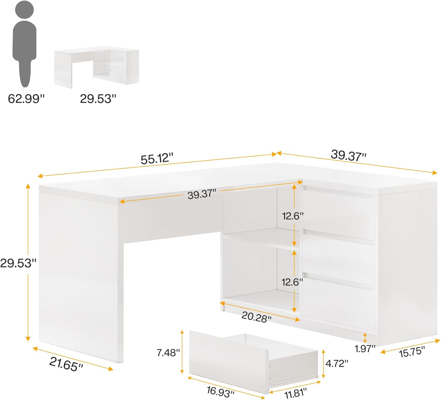 Detailed dimensions of the L-shaped desk
