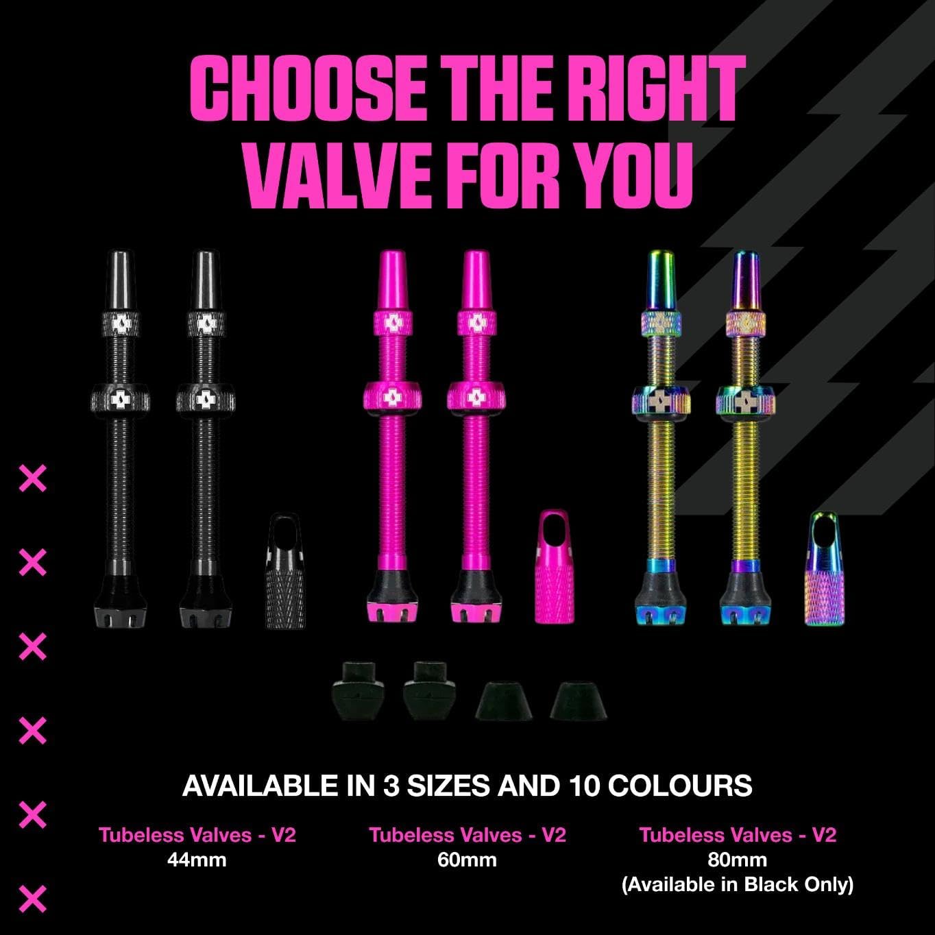 Muc-Off Tubeless Valves V2 – 44mm Iridescent | 4X 7075 Aircraft-Grade Aluminium Presta Valves with Core Removal Tool | 44mm / 60mm / 80mm - 10 Anodised Color Options | Fits MTB, Gravel & Road