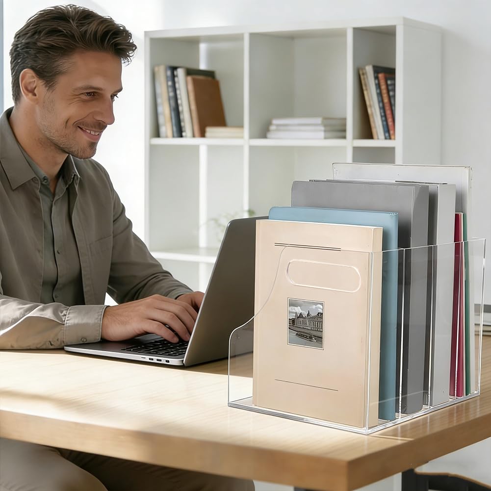 Organizador de escritorio de acrílico transparente PH PandaHall 4 compartimentos verticales para archivos y libros