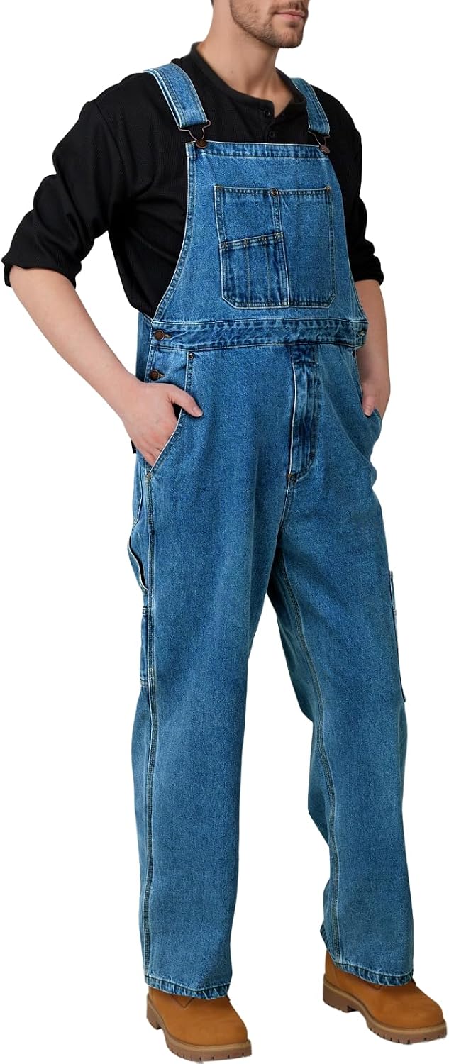 WORK IDEA Men's Denim Bib Overalls, Heavy Duty Cotton, Multi-Pocket Design with Hammer Loop for Carpenter