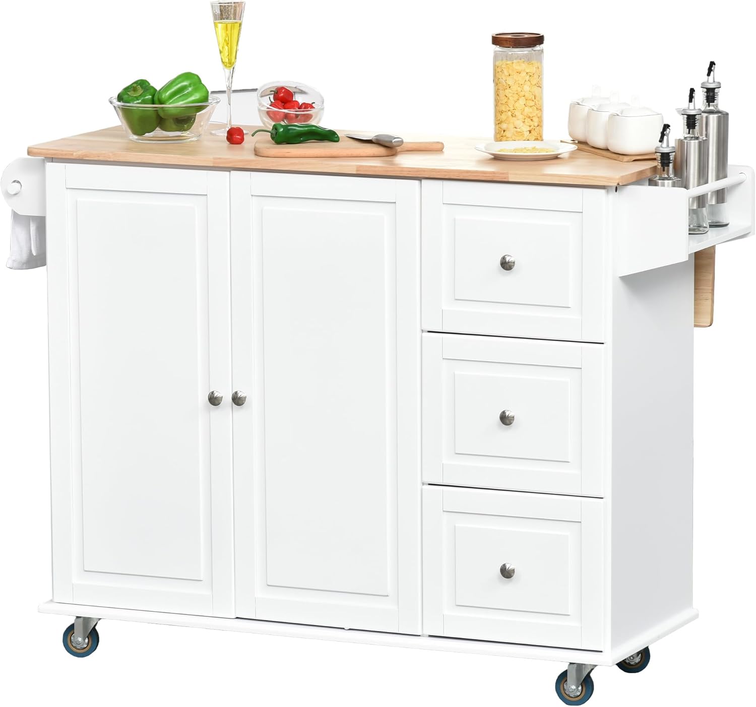 HOMCOM Mobile Kitchen Island Storage Trolley Cart on Wheels with Dropleaf Top, Towel/Spice Rack, 3 Drawers, 2-Door Cabinet, White