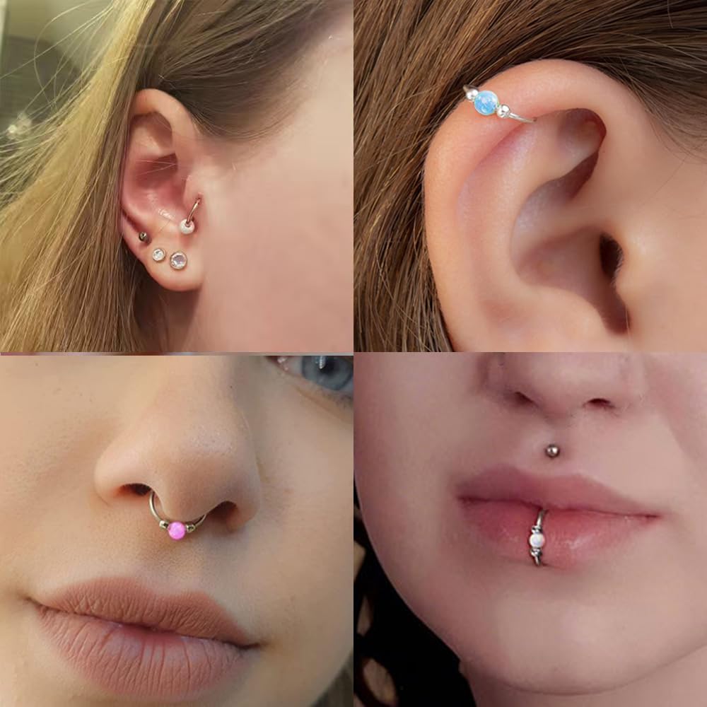 2 Pcs Small Cartilage Hoop Earrings for Women Men, 18G Opal Silver Earrings Hypoallergenic 316L Surgical Steel Hinge Huggie Hoop Earrings for Helix,Tragus,Conch,Rook,Earlobe Piercing Jewelry Nose Ring - Image 4