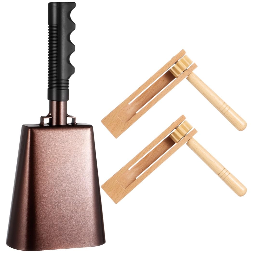 Noise Maker Kit - Set da 3 pezzi, 10 campane in metallo con manico, cricchetto, strumento di tifo matraca, per matrimoni, eventi sportivi e feste