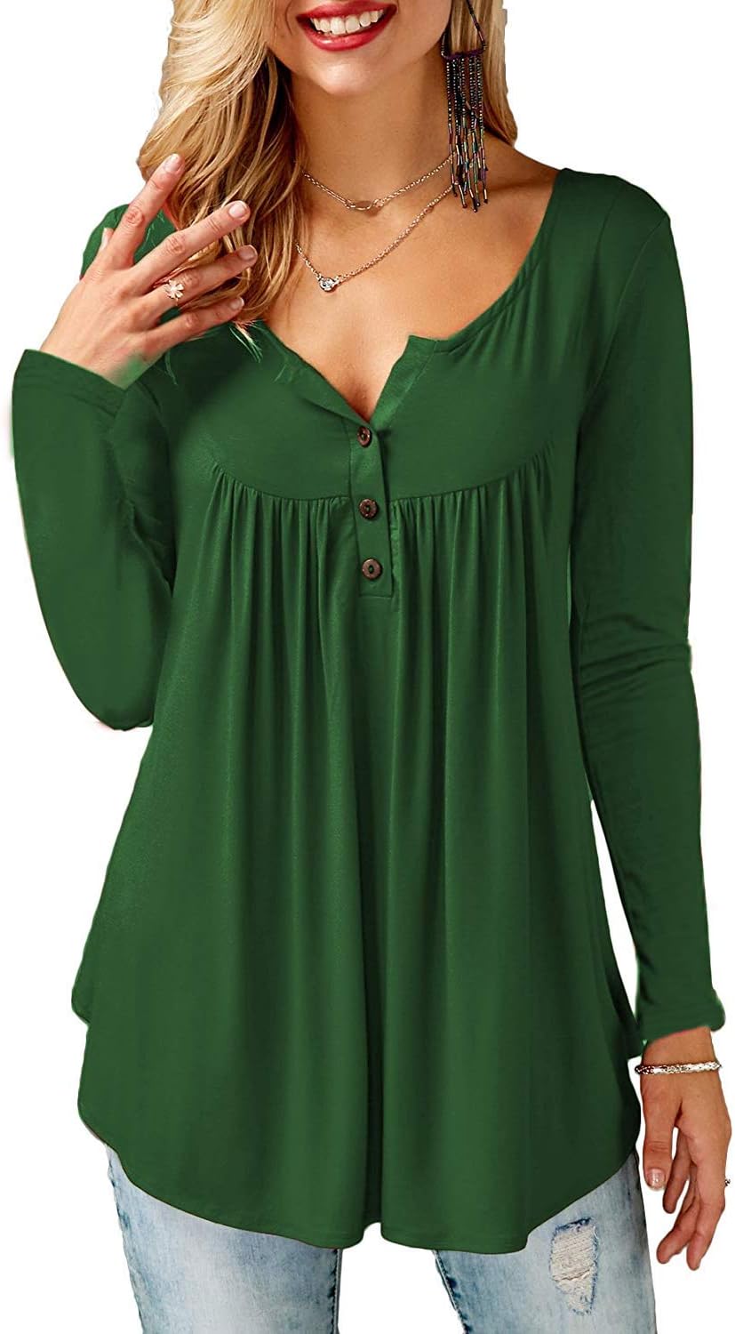 Beluring Women Casual V Neck Tops Long Sleeve Pleated Tunic Tops Shirts Blouse