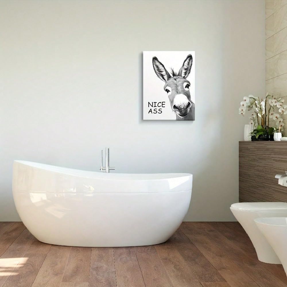 UUDEZO Cuadro decorativo de burro para baño - Divertidas imágenes en blanco y negro para la decoración del baño (80 x 125 cm (32 x 49 pulgadas) con marco)