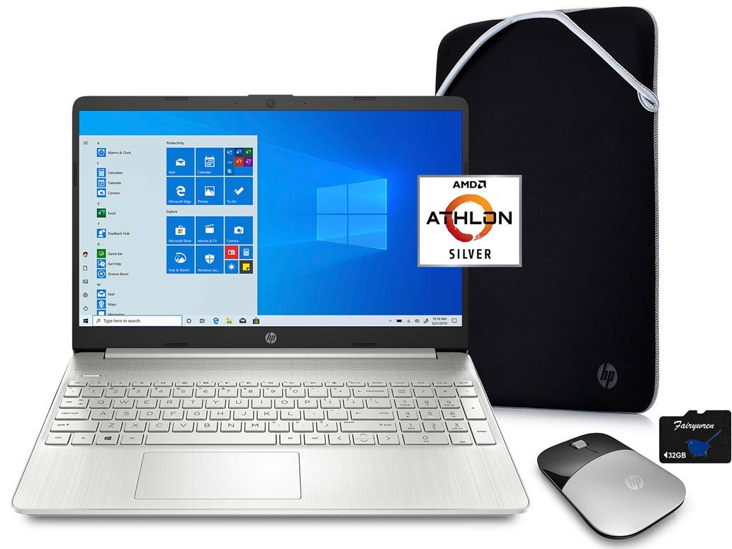 HP 2021 15.6" HD Laptop Computer, AMD Athlon Silver N3050U, 4GB RAM, 128GB SSD, HDMI, USB-C, WiFi, Webcam, Windows 10 S with Office 365 for 1 Year, Mouse, Sleeve + Fairywren Card (Silver) (Renewed)