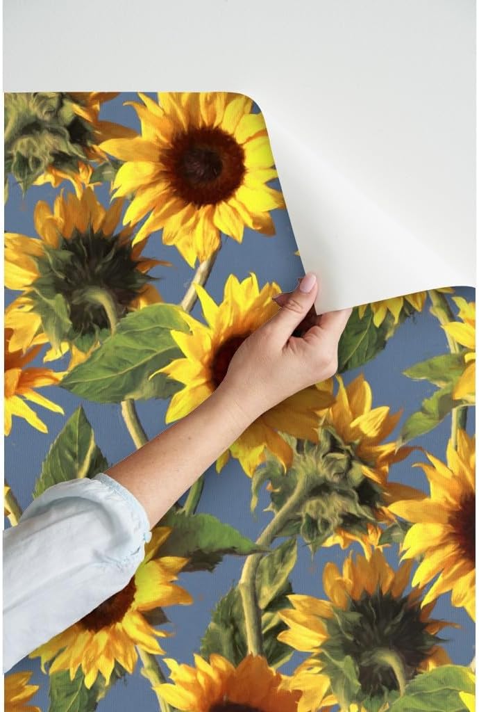 Peel & Stick Wallpaper 3ft x 2ft - Sunflowers Light Blue Sunflower Painting Yellow Botanical Impressionist Custom Removable Wallpaper by Spoonflower