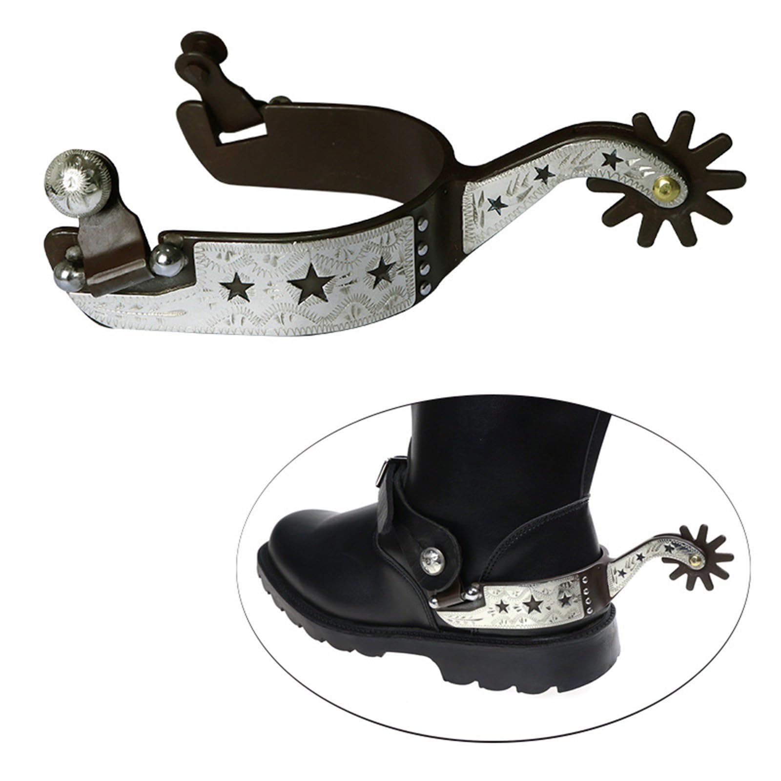 1 Paar Herrenreitsporn, bronzefarben, mit aufwendiger Schnitzerei, Western-Look, starke Konstruktion, Herren-Sporen