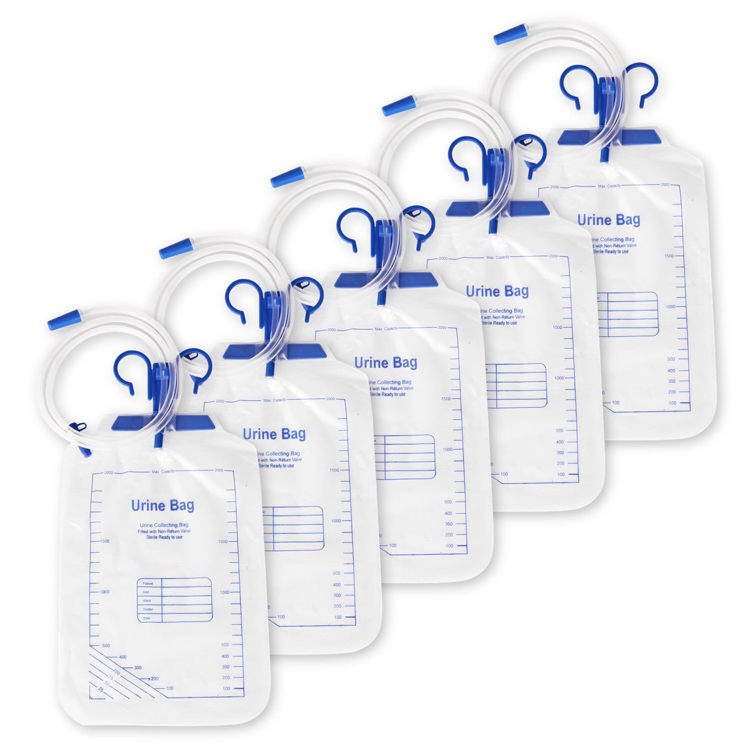 MEXPLE Uro2000 Urinary Collection Disposable Bags with Anti-Reflux Chamber, Urine Bag with 2000ml, Professional Urinary Bag for Home and Hospitals Health Aids, Pack of 5