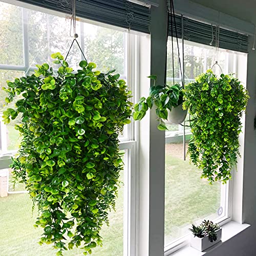 2Pcs Artificial Hanging Plants Fake Hanging Plant Faux Eucalyptus Leaf Greenery Vine Outdoor Uv Resistant Plastic Plants #TOP1