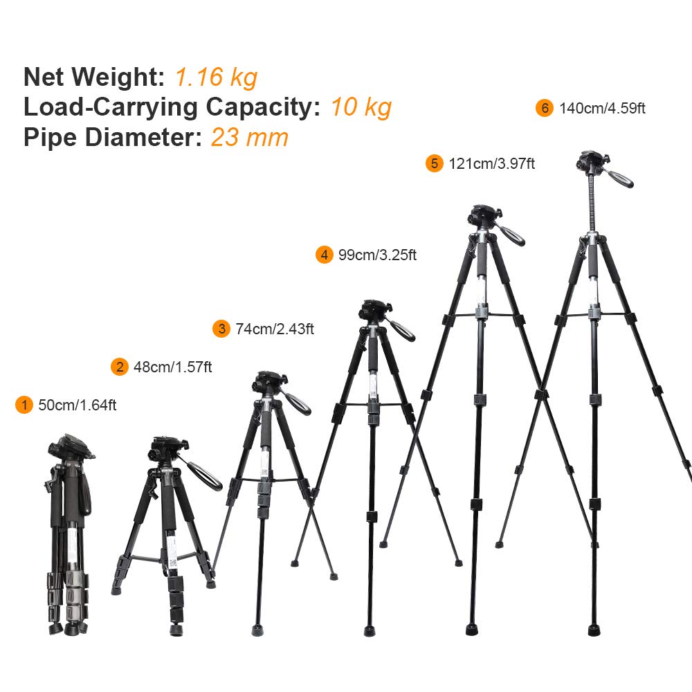 Huepar TPD14 143 cm/56" Stativ für Kreuzlinienlaser, Verstellbares Leichtgewicht Reisestativ mit 3-Wege-schwenkbarer Panoramakopf, Schnellwechselplatte mit 1/4"-20 Schraube und 5/8"-11 Überwurfmutter