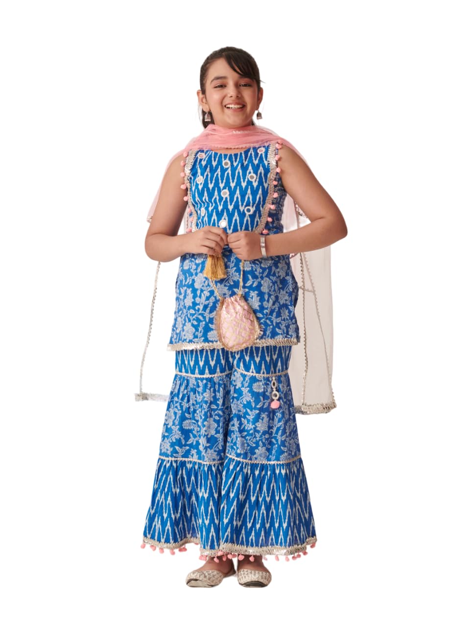 Pspeaches Girl's Cotton Sharara Set (Sha-Bluemirroryoke-3-4Y_Blue