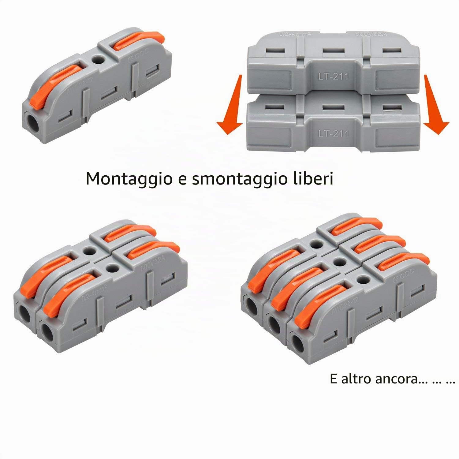 Connettori Elettrici Rapidi con Leva, Morsetti Elettrici a Filo, 1-Filo 2-Vie e Possono Essere Combinati Liberamente, 26 Pezzi