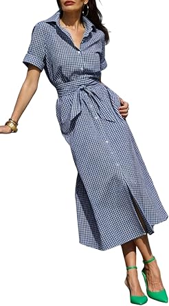 ebossy Womens Vintage Retro Lapel Short Sleeve Button Down Belted Plaid Maxi Dress with Pockets