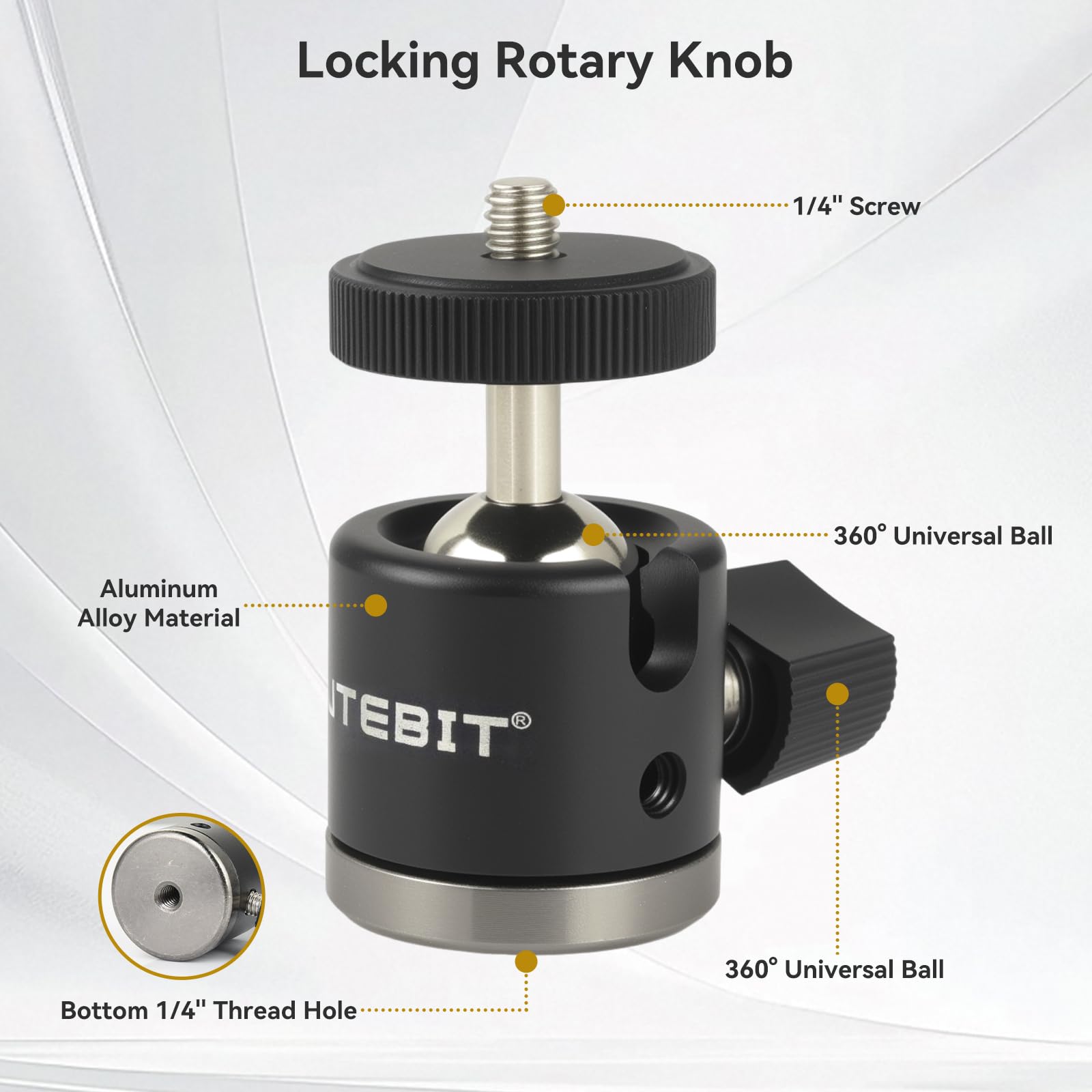 UTEBIT Pince Accroche Caméra de Vis 1/4 + Mini Rotule Pivotante à 360° Support Orientable Caméra en Alliage d'Aluminium Charge Maximale de 3 kg pour Appareil Photo Flash Écran Moniteur Bureau