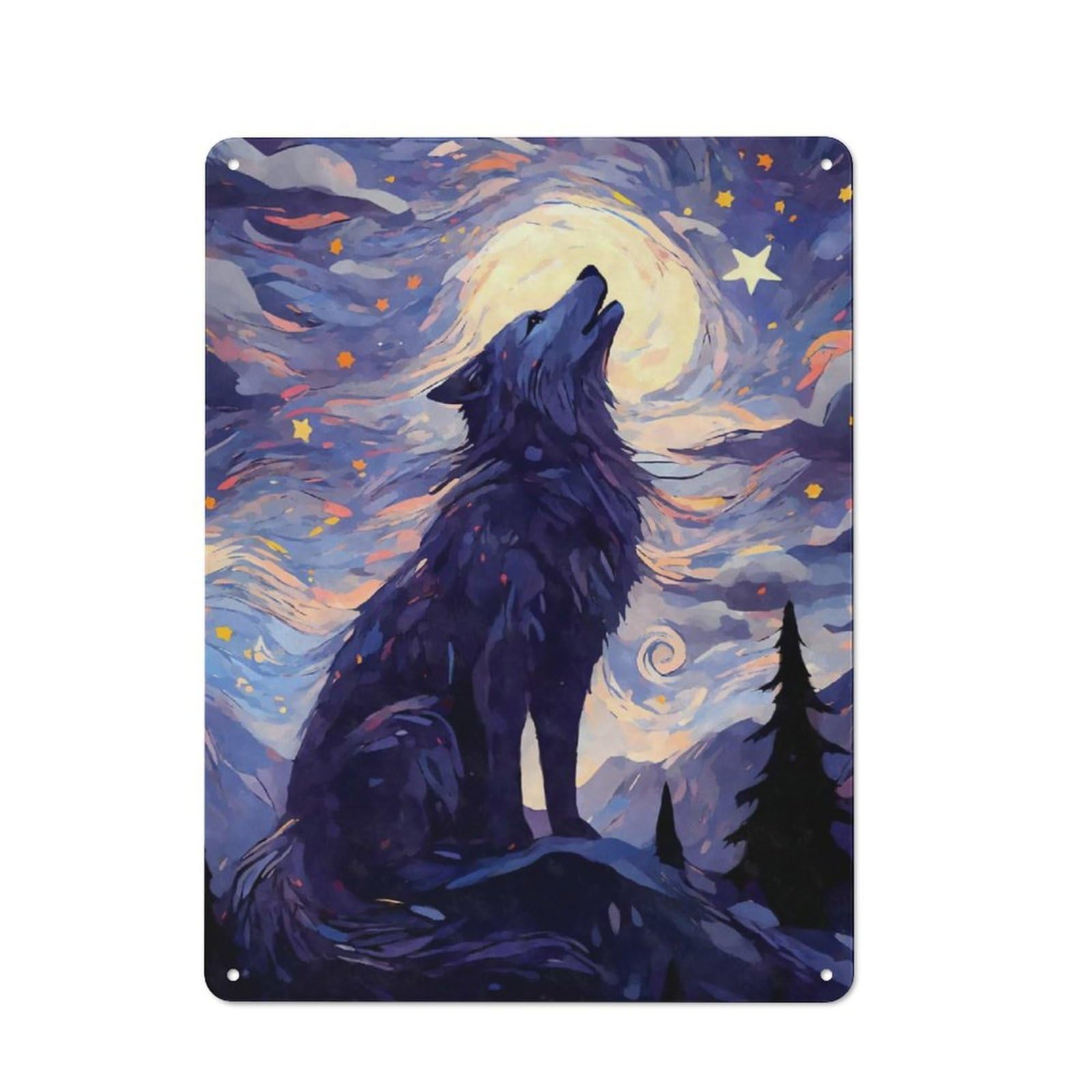 Howling Wolf Starry Night Rustic Metal Wall Decor 40x30cm, Decorative Metal Plaque for Shed, Garden Room, Porch Or Garage