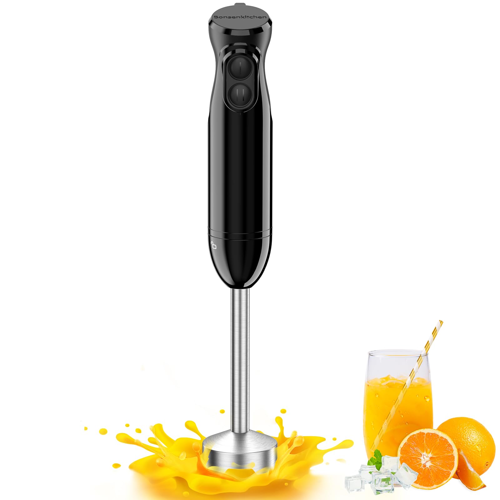 Bonsenkitchen Hand Blender, 2 Speeds Immersion Blender Handheld, Stick Blender Electric with Stainless Steel Blade for Making Baby Food, Soups, Sauce, HB3201 (Black)