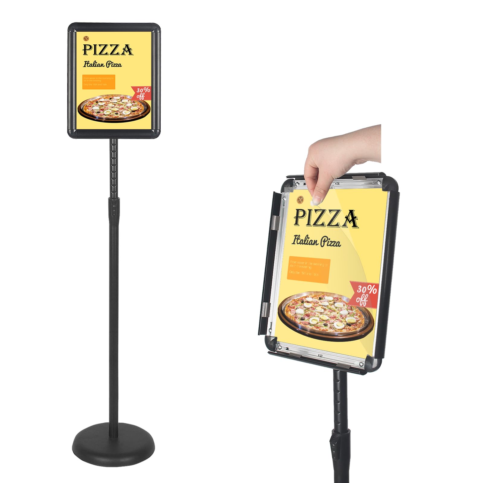 Adjustable Sign Stand, 8.5" x 11" Sign Holder floor stand with Snap Open Frame, Vertical & Horizontal Display for Commercial Events, Restaurants, and