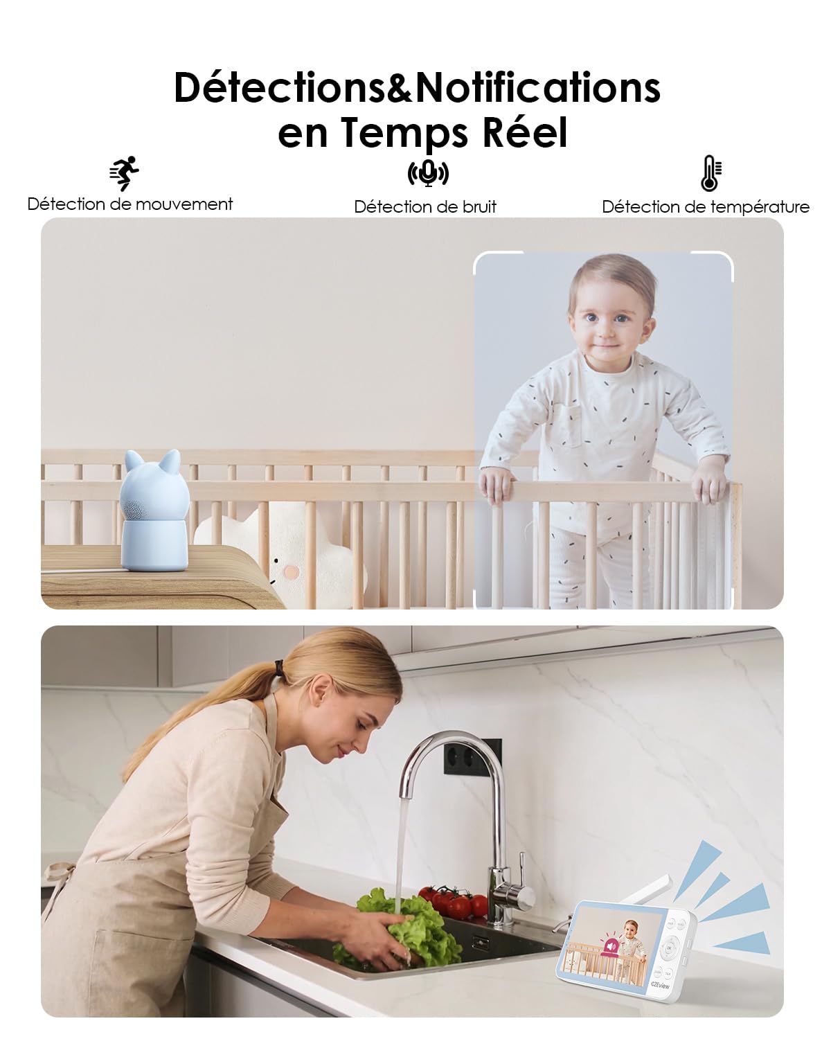 CZEview Babyphone Caméra 2.5K & Ultra Grand Moniteur HD 5,5", Qualité d'image au Top, 360°, APP, Veilleuse & Musique, Vision Nocturne, Caméra Bébé (Bleu (1 pièce)) | écran super clair, vision nocturne, audio bidirectionnel, berceuses, capteur temp., 360°