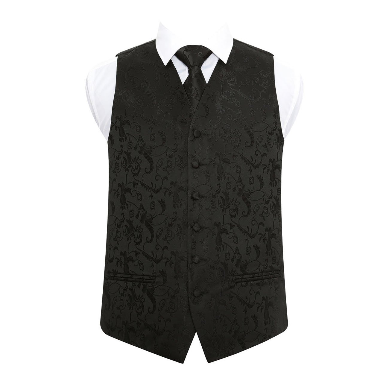 DQT Mens Passion Floral Jacquard Waistcoat & Tie Set (2pc) - Wedding, Business & Formal - Black 46" (3XL)