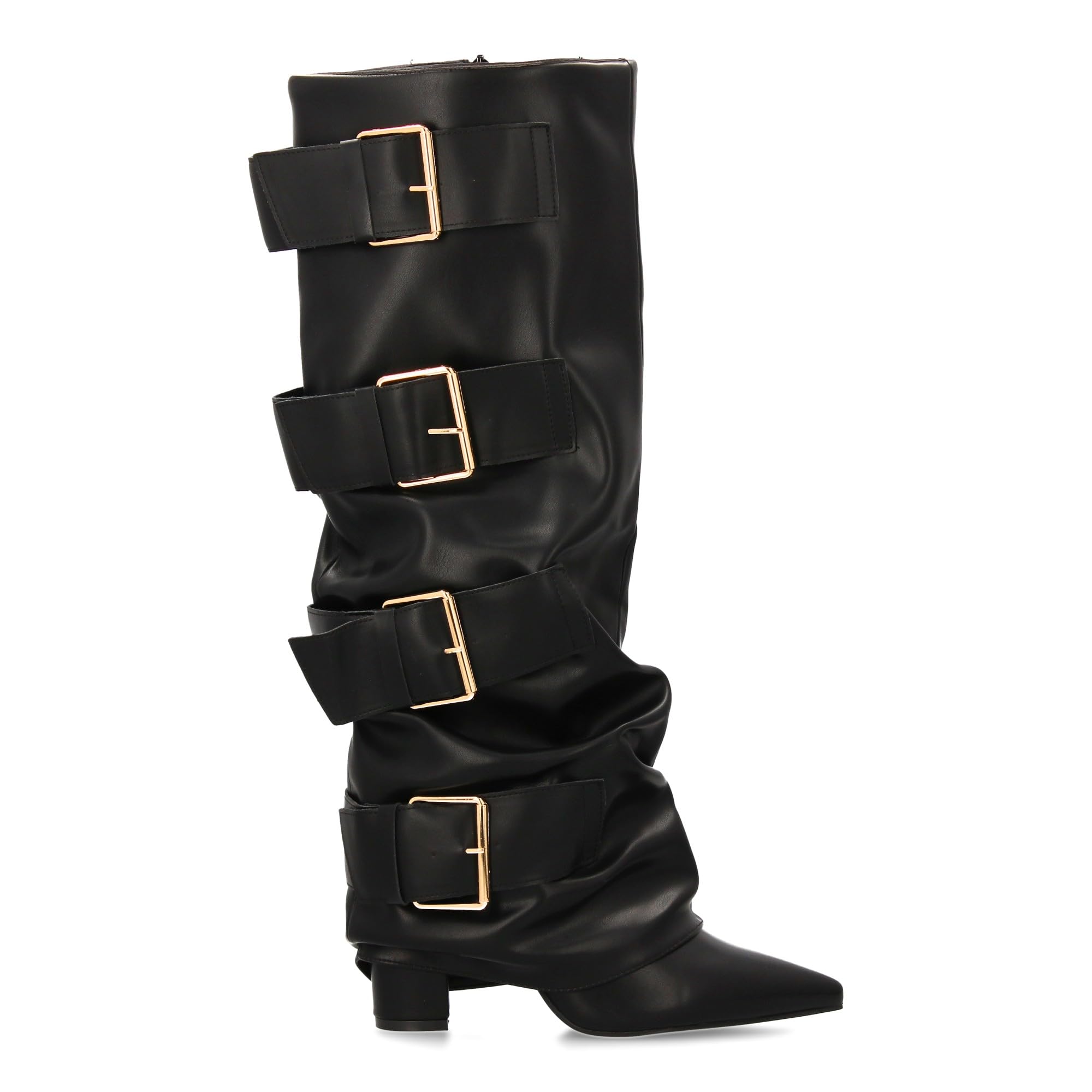 Botas Altas para Mujer con Hebillas y Efecto de Forro. Punta Fina y Tacon Comodo, Estilo Moderno y Elegante, Ideal para la Temporada Otono Invierno.