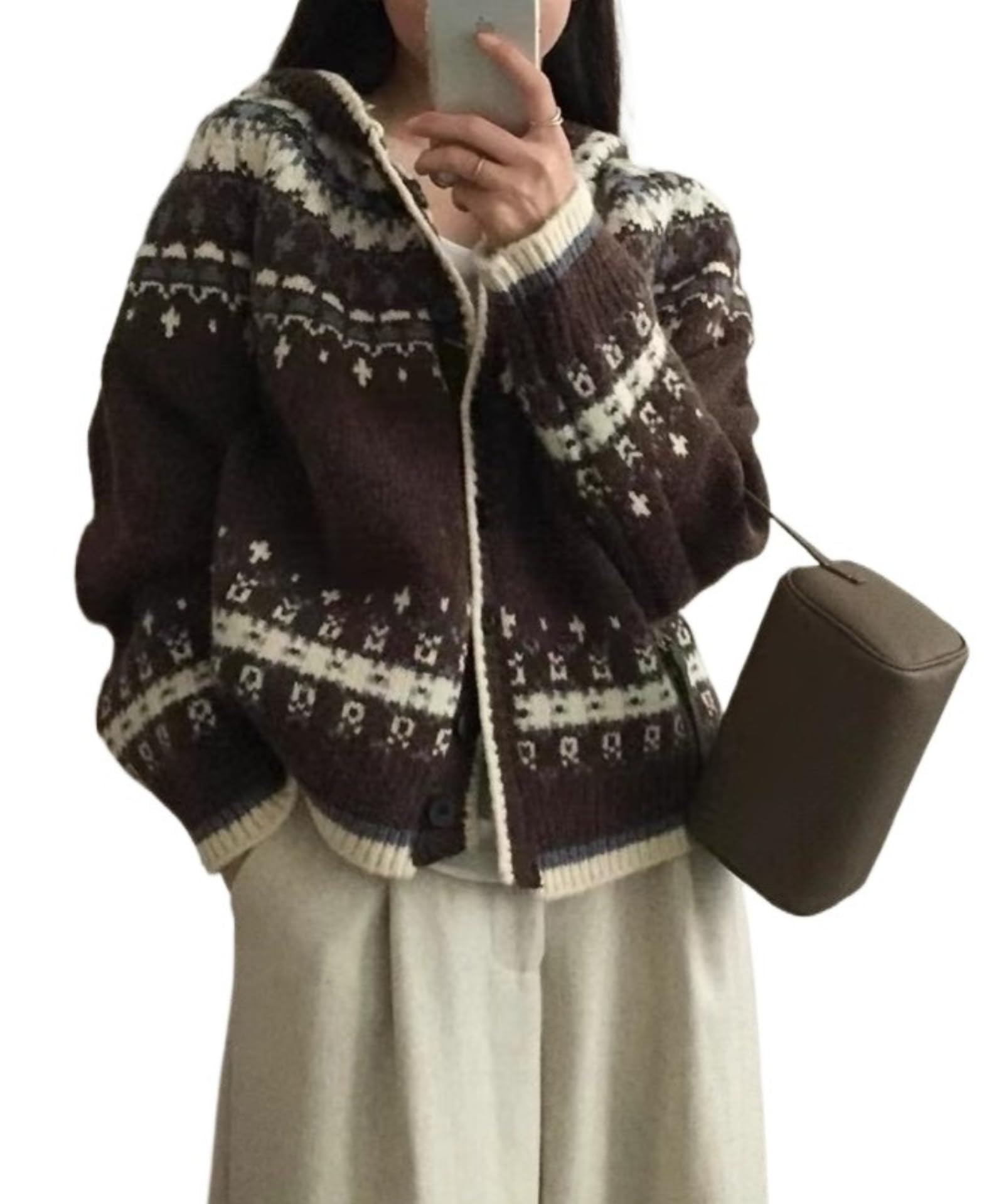 Women Hooded Knit Cardigan Vintage Fair Isle Print Button Up Sweater Coats Fall Winter Casual Fashion Outerwear