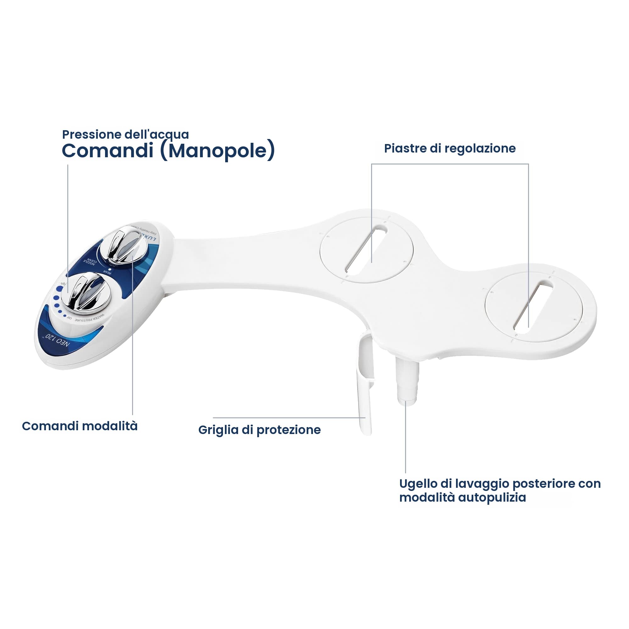 Luxe bidet Neo 120, bidet meccanico con attacco per WC, doppio ugello autopulente, acqua calda e fredda (blu e bianco)