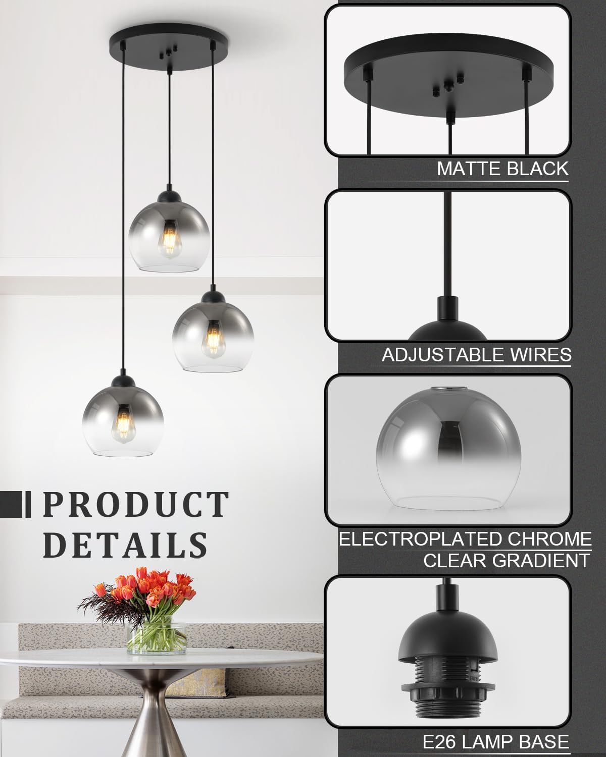 Modern Gradient Smoke Gray Glass Pendant Light,3-Light Globe Adjustable Hanging Pendant Light for Bedroom Kitchen Island Dining Room Stairwell