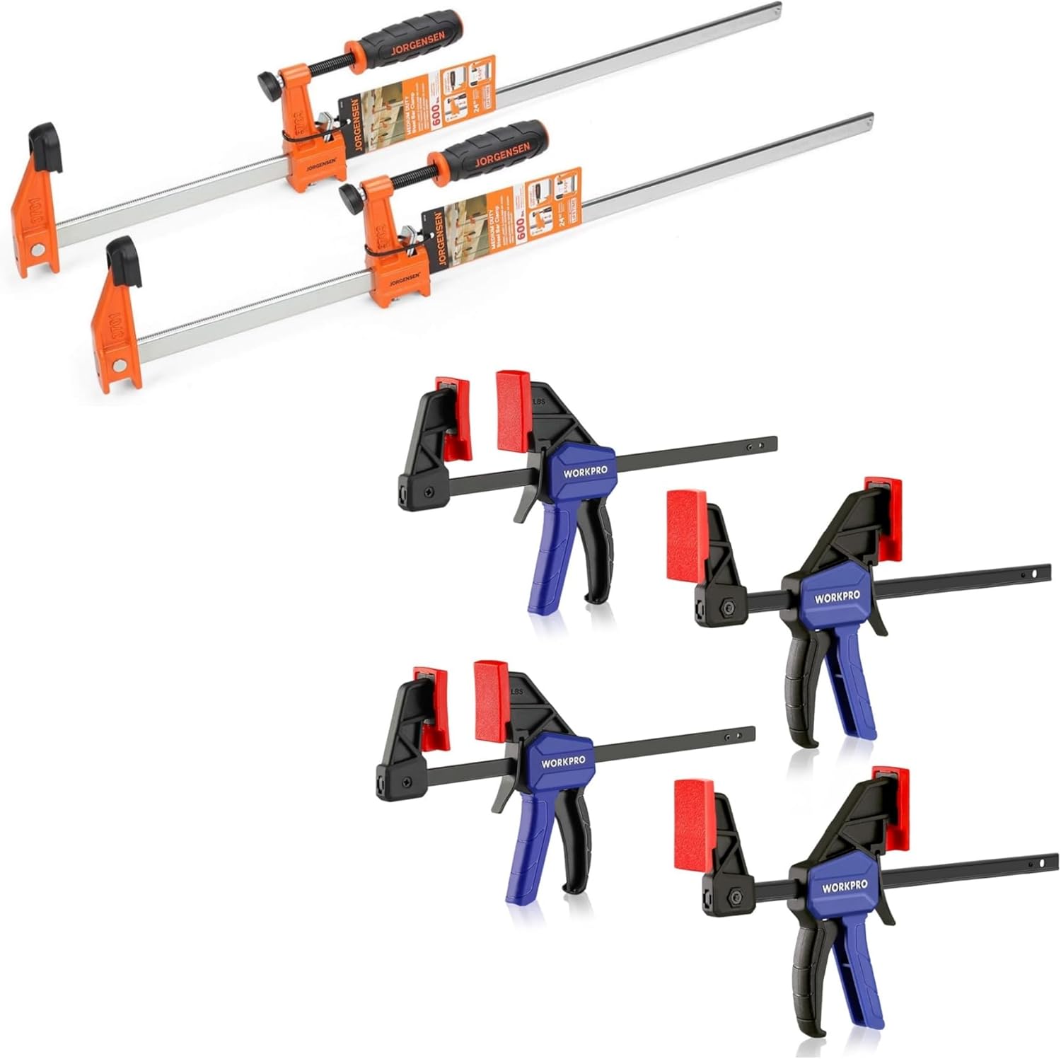 Jorgensen 2-Pack 24-inch Medium Duty Steel Bar Clamp Set and WORKPRO 4-Pack 6" Mini Bar Clamps