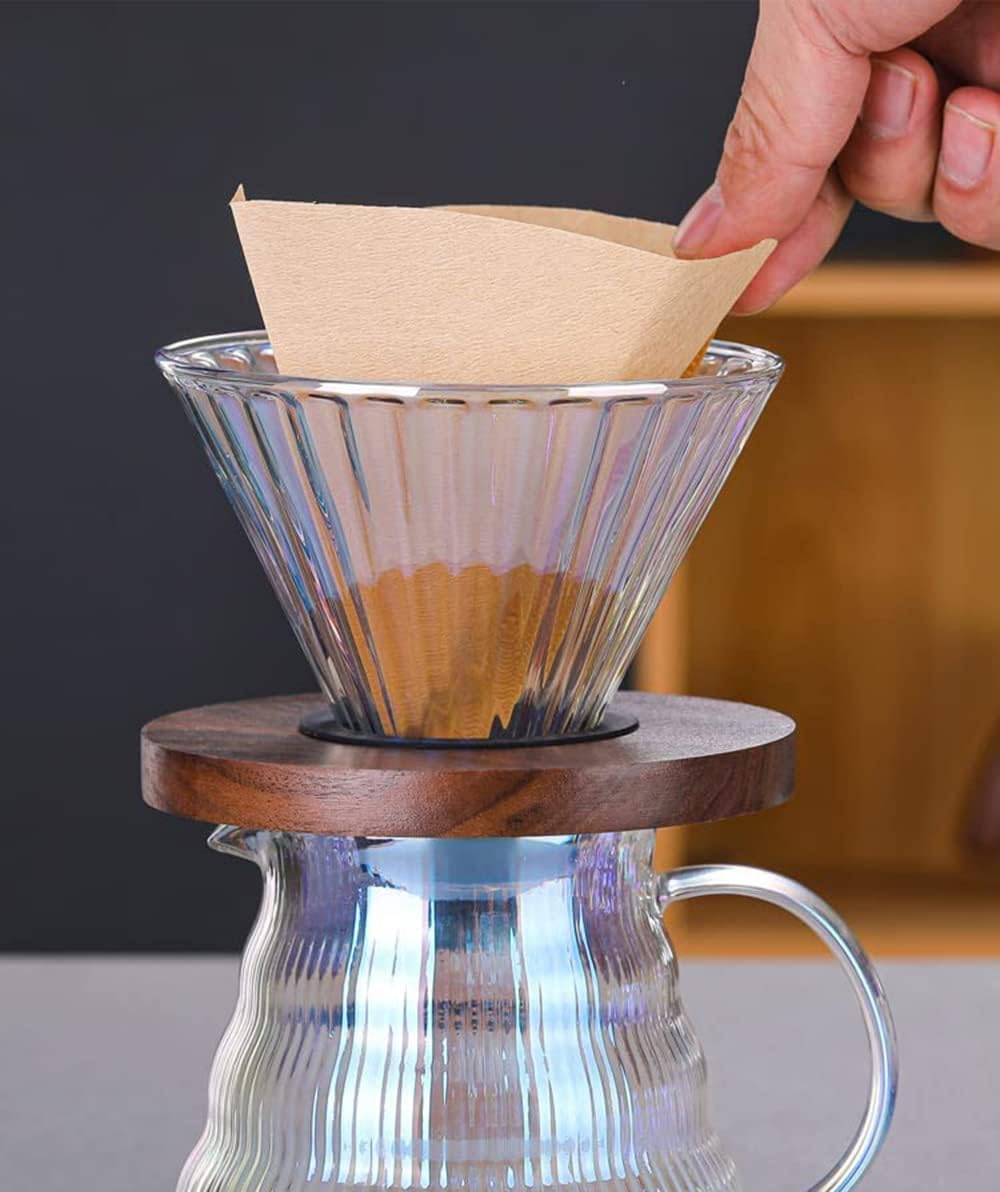 Pour Over Coffee Maker Set with Dripper,500ml Glass Coffee Server Set,V60 Glass Coffee Dripper with Wood Base for Home Office Gift