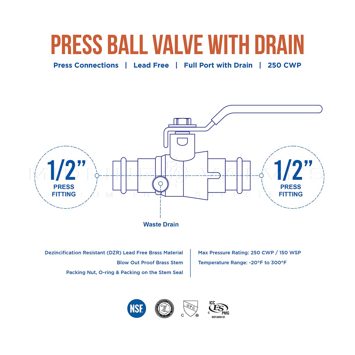 Midline Valve 532VLV012D-5 - Válvula de bola premium con drenaje con conexiones de presión de 1,27 cm, latón (paquete de 5)