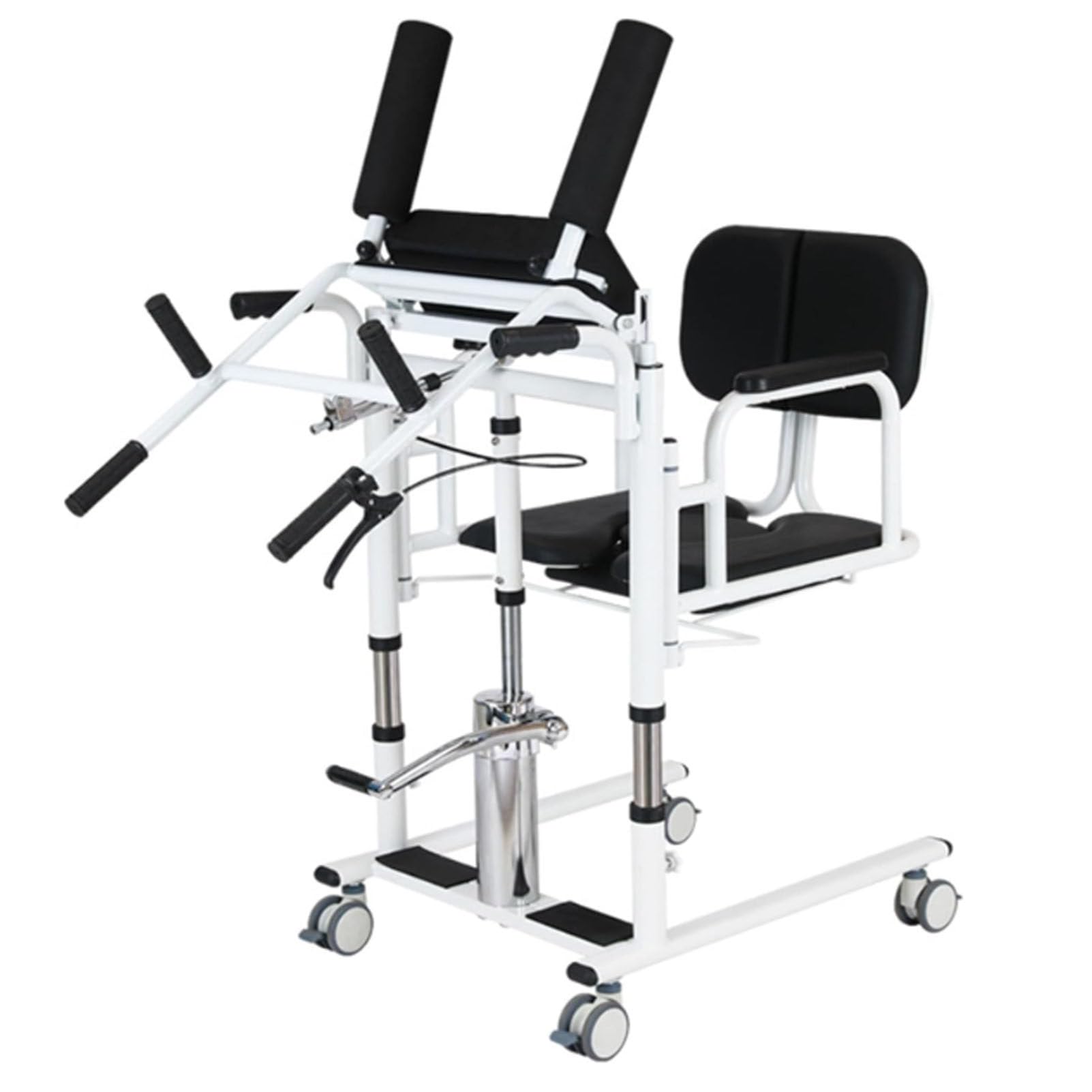 Silla elevadora de traslado para pacientes, silla de traslado para el hogar, ayuda para estar de pie, altura ajustable, con asiento y cuña abatibles a 180°, transferencia multifuncional Black