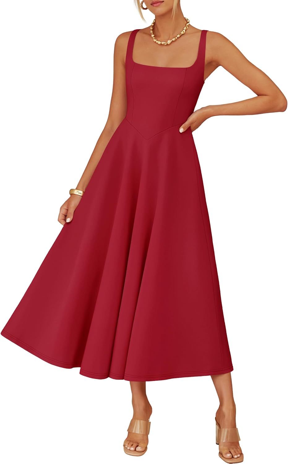 ZESICA Women's Summer Sleeveless Midi Dress 2026 Square Neck Wedding Guest Beach Casual Flowy Long Dresses with Pockets