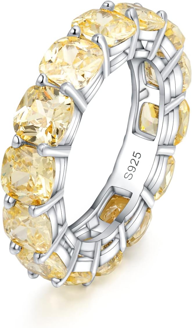 0.75ct Cushion Cut Yellow Moissanite Eternity Band Ring in 14K Solid Gold over S925, Exquisite Jewelry for Women