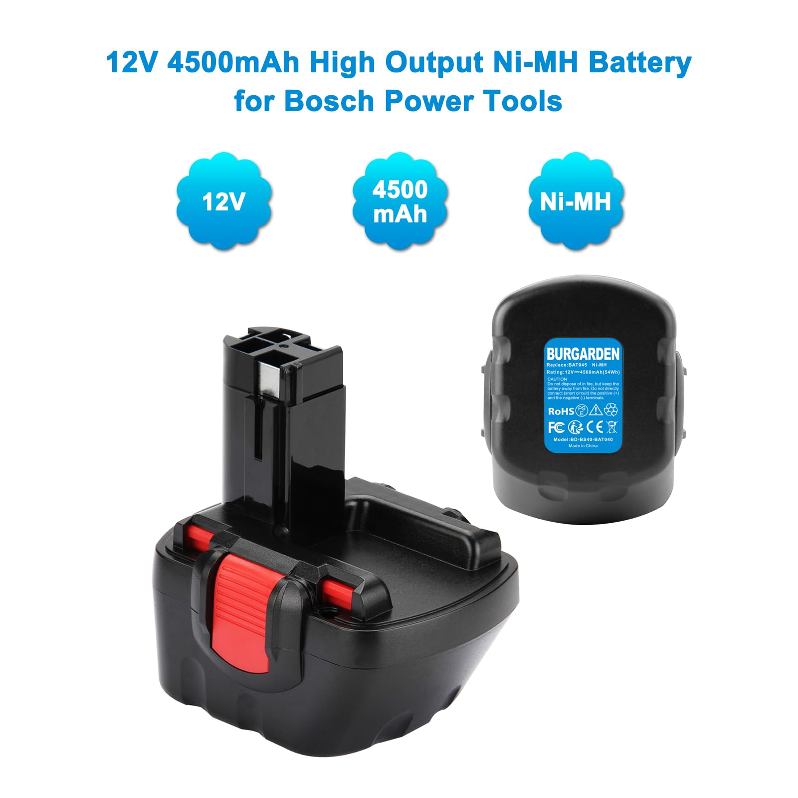 BURGARDEN 12V 4.5Ah Ni-MH Replacement Battery For Bosch BAT043 BAT045 BAT120 BAT139 2607335542 2607335526 2607335274 2607335709 For Bosch GSR 12-2 12VE-2 PSR 12 GSB 12VE-2 22612 23612 32612