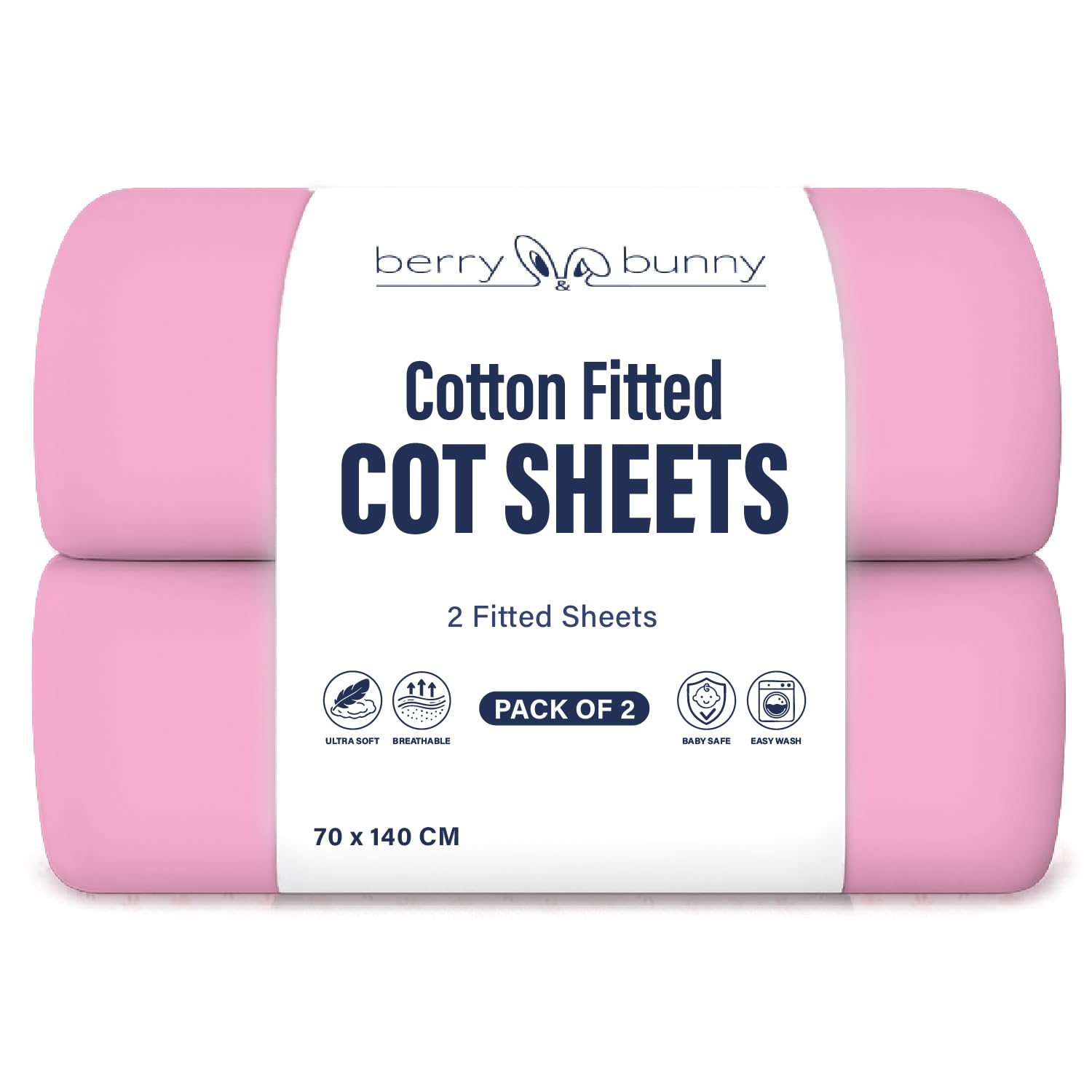 Berry and Bunny 100% Cotton Jersey Cot Bed Sheets Pack of 2, Soft Breathable Elasticated Baby Cot Fitted Sheets 140 x 70cm, Deep Fitted Sheet, Toddler Bedding All Seasons
