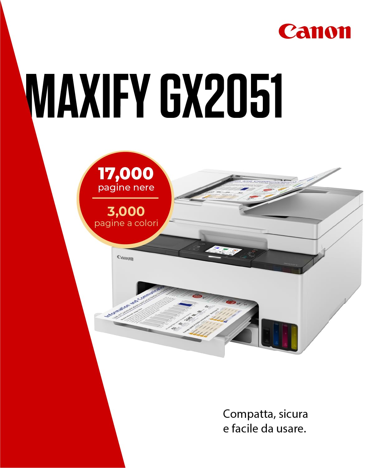 Canon Stampante WiFi per Casa e Ufficio MAXIFY GX2051 - Stampante Multifunzione MegaTank con Scanner, Fax e Fotocopiatrice per Casa | Include 6 flaconi di inchiostro
