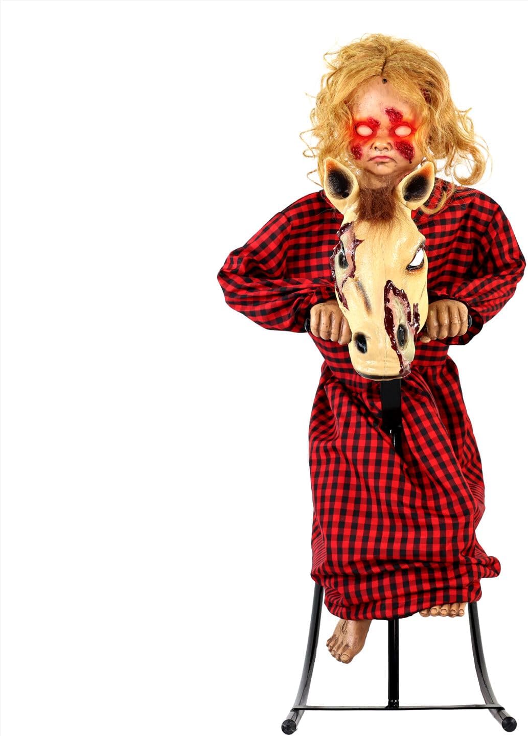3.2-Ft Animatronic Rocking Horse Girl, Halloween Animatronic, Creepy Gothic Horror Movie Décor, Scary Macabre Party Decoration with Voice & Sound-Activated Lights & Sound, Life-Size