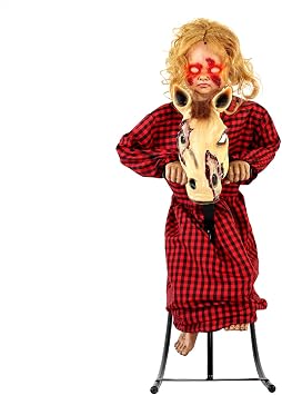 Haunted Hill Farm 3.2-Ft Animatronic Rocking Horse Girl, Halloween Animatronic, Creepy Gothic Horror Movie Decor, Scary Macabre Party Decoration with Voice & Sound-Activated Lights & Sound, Life-Size