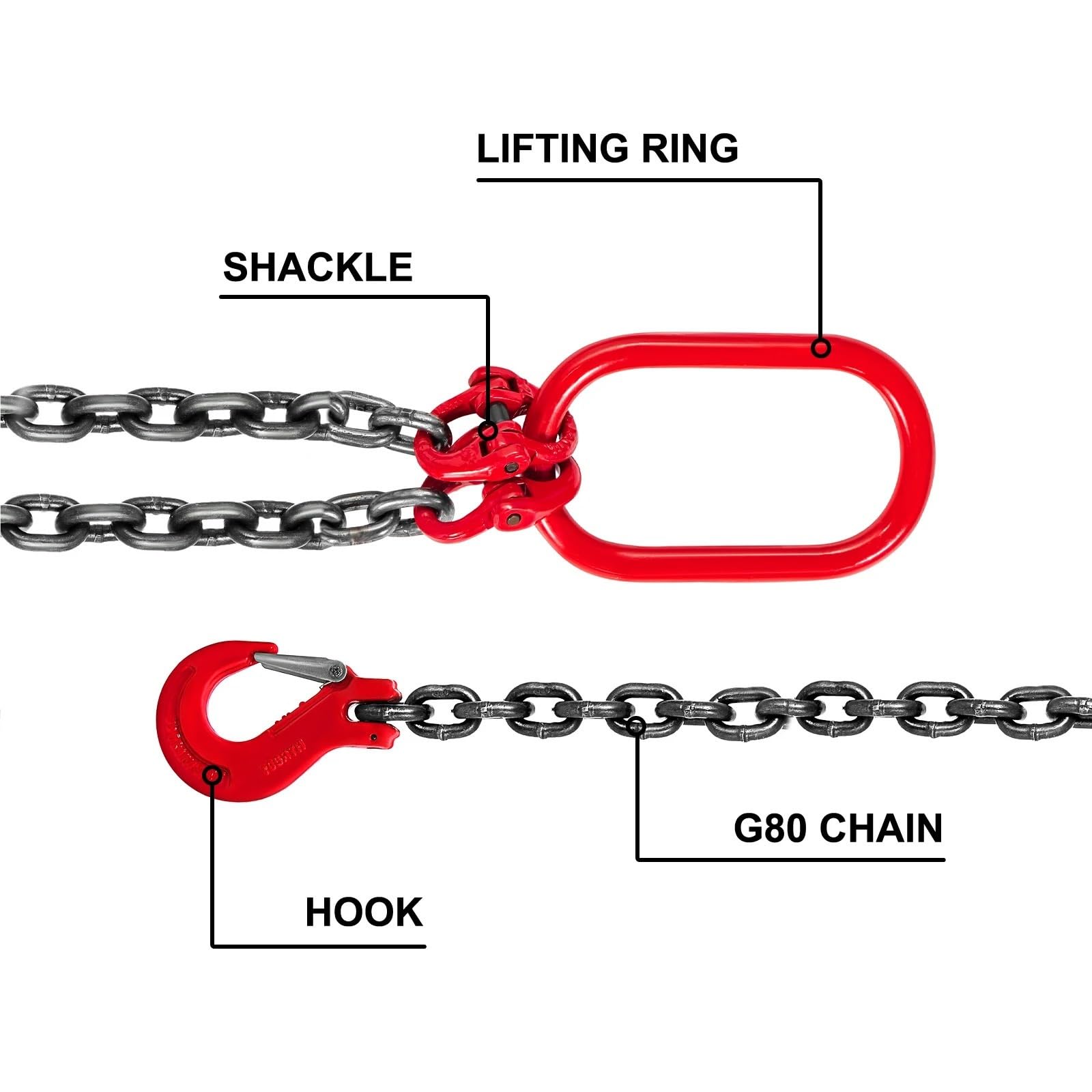 Cinghia di sollevamento a catena da 5 piedi con ganci presa e doppie gambe 3/8" x 5', capacità 4T/8800 libbre, robusta classe 80 Per Traino Del Carico