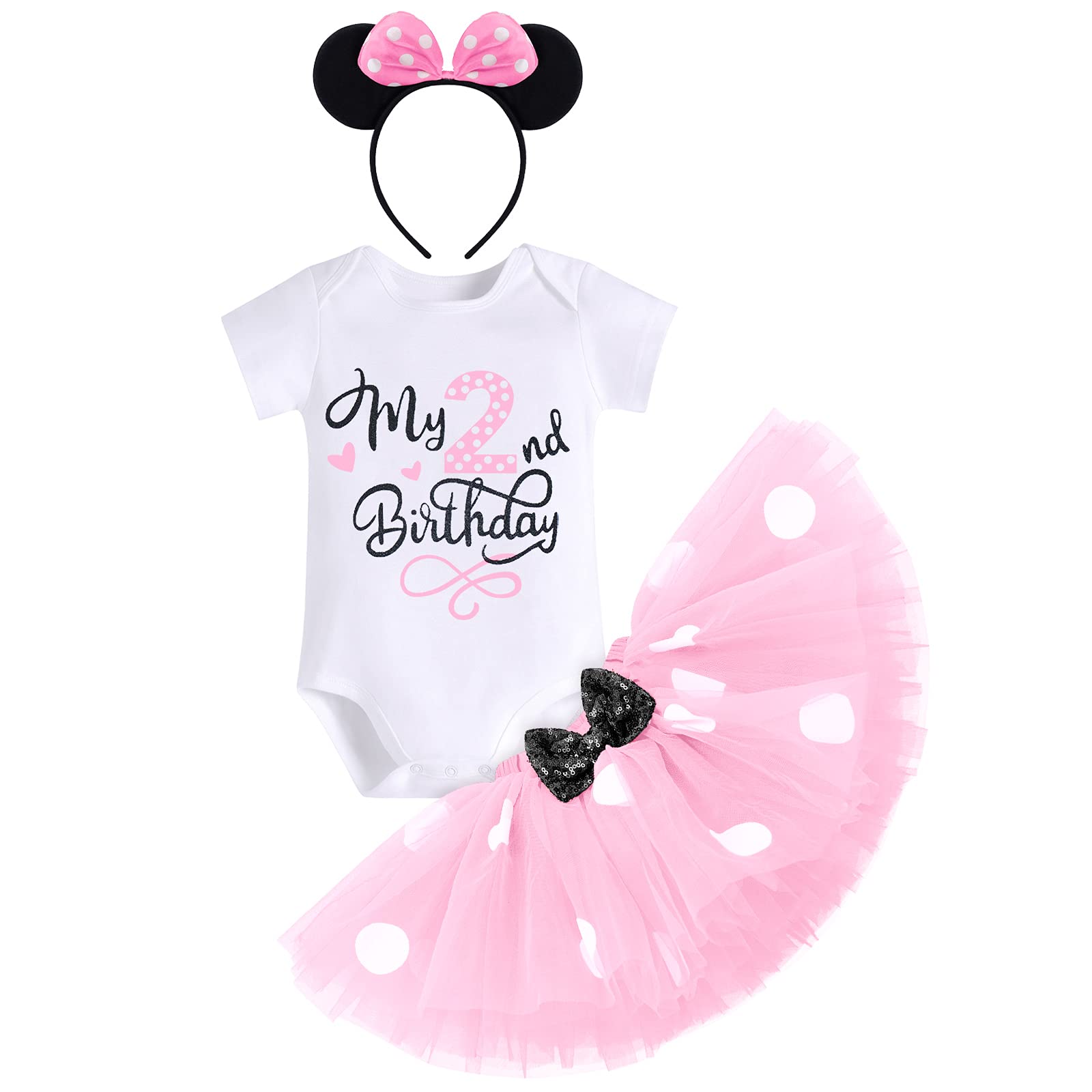 FYMNSI Recién Nacida Bebé Niñas 1er/2do Cumpleaños Trajes Conjuntos Manga Corta Mameluco Falda Tutu de Lunares con Diademas Vestido de 1 Año Fiesta Fotografía Vestir Regalo