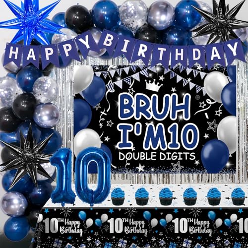 10th Birthday Decorations for Boys, Blue 10 Year Old Boy Birthday Decorations Set, Happy 10th Bday Banner Backdrop Number 10 Balloons Tablecloth Fringe Curtains, Ten Year Old Boys Bday Party Supplies