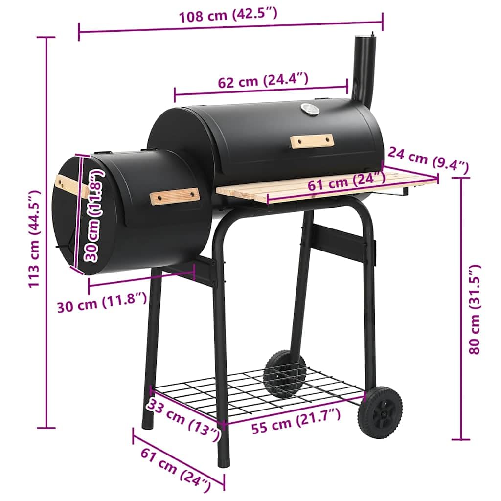 Barbacoa clásica de carbón vegetal de acero con estante de madera, 3 rejillas cromadas, 103 x 60 x 113 cm, termómetro y tapa de chimenea para balcón, jardín, terraza, barbacoa