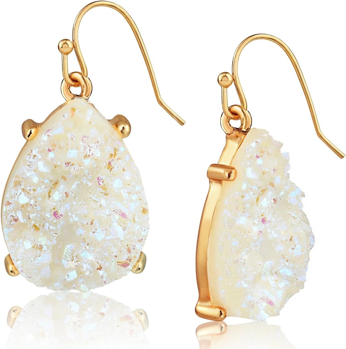 Teardrop Dangle Earrings for Women with Simulated Druzy Stones in Gold or Silver Tone