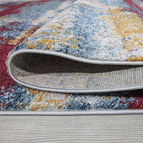 Machine Washable Modern Design Jute Back 8x10 Abstract Indoor Area Rug for Bedroom, Living Room, Dining Room, Office, 7'10" x 9'10", Multicolor / Blue