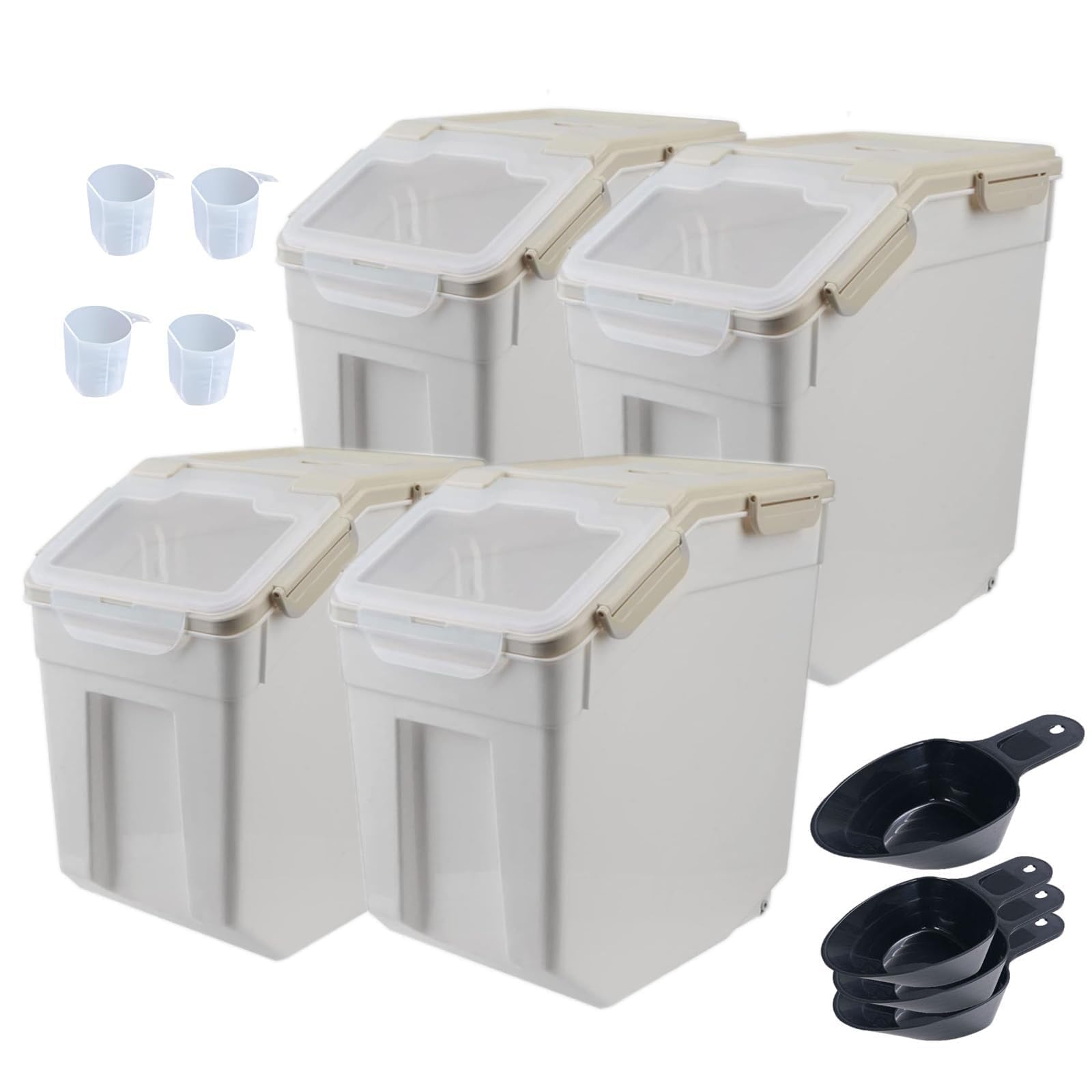 large flour storage container bin 25lb,4 pack airtight rice storage containers with wheels seal locking lid bpa free with measuring cup,scoop for flour, rice, grain, dry food - grey