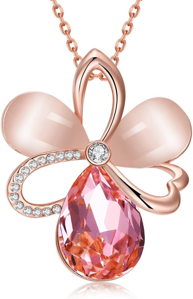 Jewelry Flower Platnt Pendant Necklace with Pink Water Drop Crystal Cat's Eye Stone Charm Chain Rose Golden Plated Ideal Gifts for Women