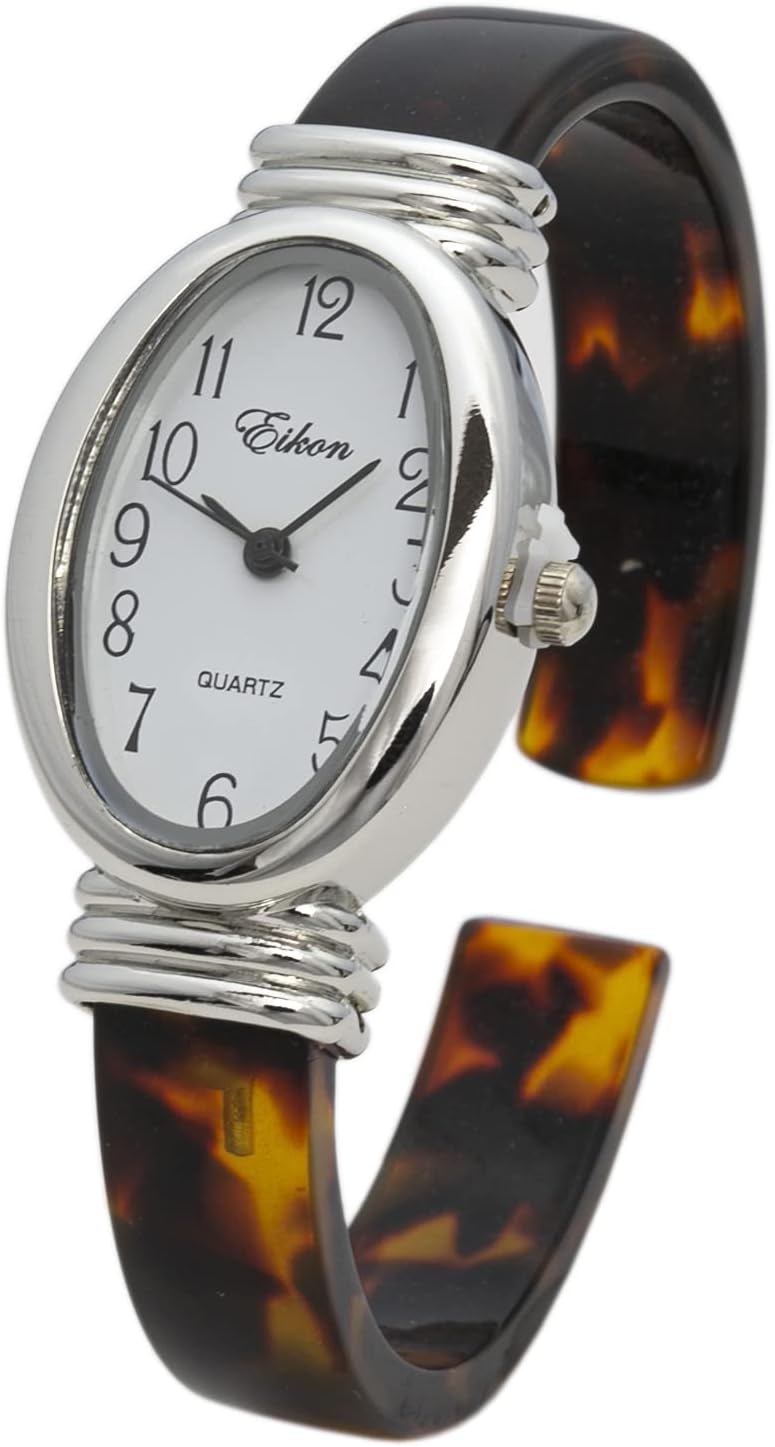 Blekon Collections Women's Quartz 31mm Oval Case Multicolor Acrylic Cuff Bangle Watch (Tortoise)