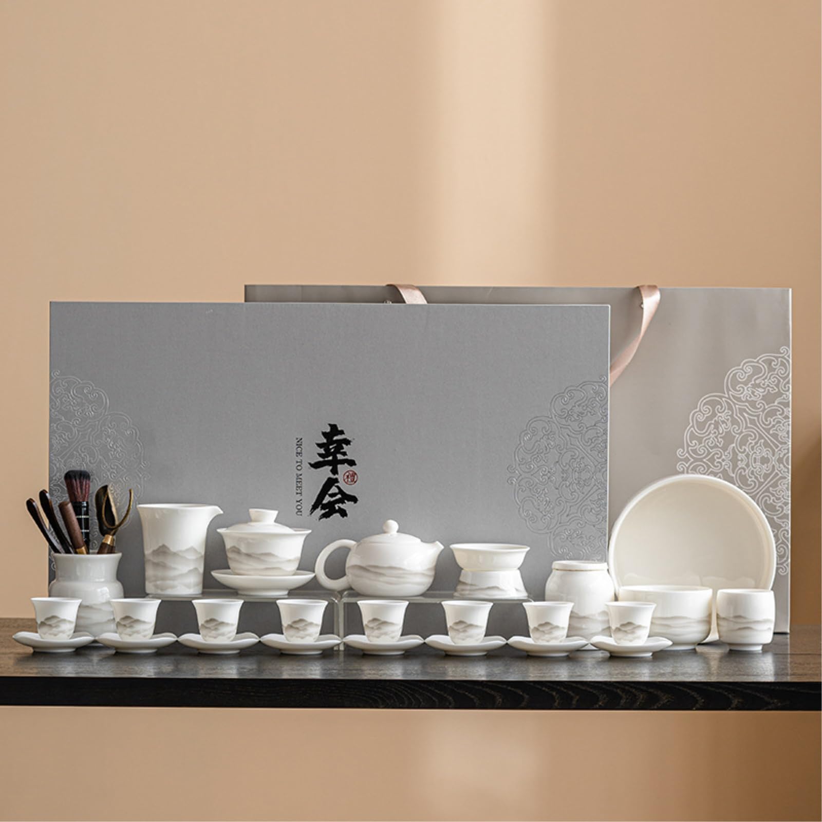 Ceramiczny zestaw do herbaty chińskie biuro domowe luksusowe retro miska z pokrywką o wysokiej temperaturze + czajniczek zestaw 12 [pudełko]