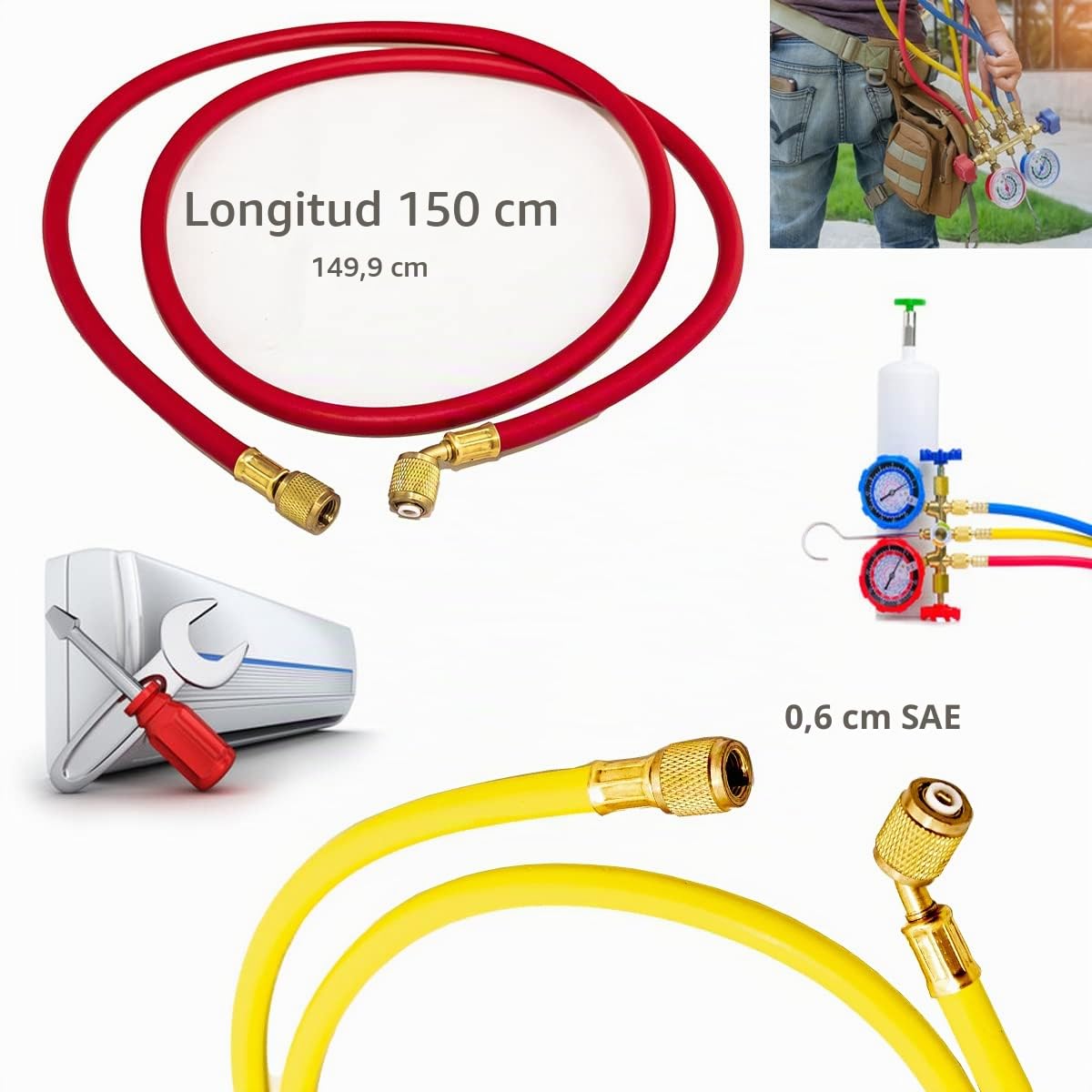 GOLDMAN SERVICE | Set 3 Mangueras Recarga Gas Refrigerante AC + Adaptador. Compatible con sistemas Universales de Aire Acondicionado de Coche o Split. Largo 150 cm, 60 pulgadas